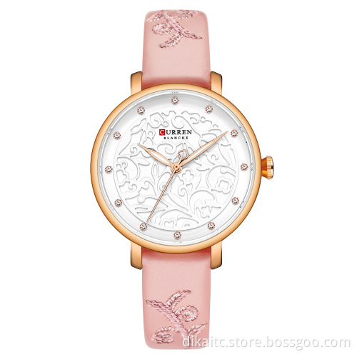 CURREN 9046 New Trendy Women Watch with Rhinestone Well-made Chinese Brand Quartz Watch Leather Strap Fashion Wristwatch